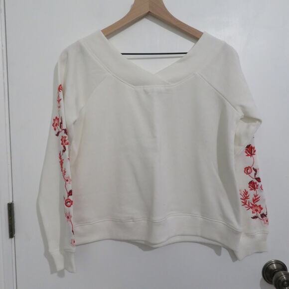 Rebecca Minkoff Womens Sz S White Off the Shoulder Sweater Embroidered Flowers - Picture 2 of 5